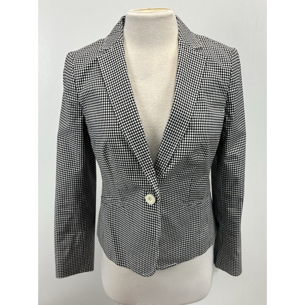 Talbots Gingham Blazer Jacket Women's 4 Black White Single Button Cotton Lined
